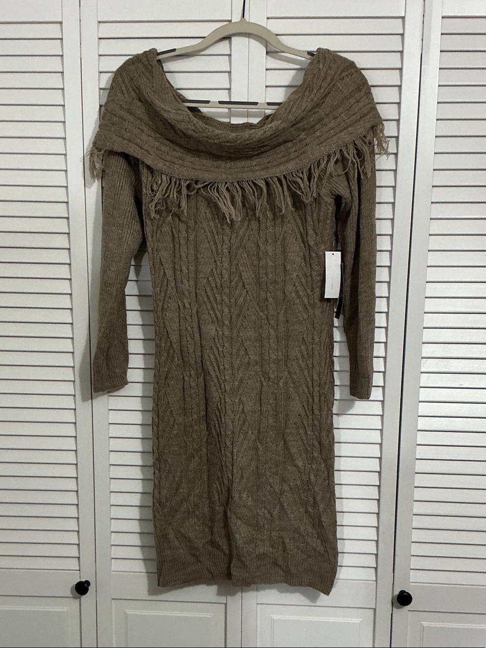 New York & Company Taupe Cable-Knit Off-Shoulder Fringe Sweater Dress